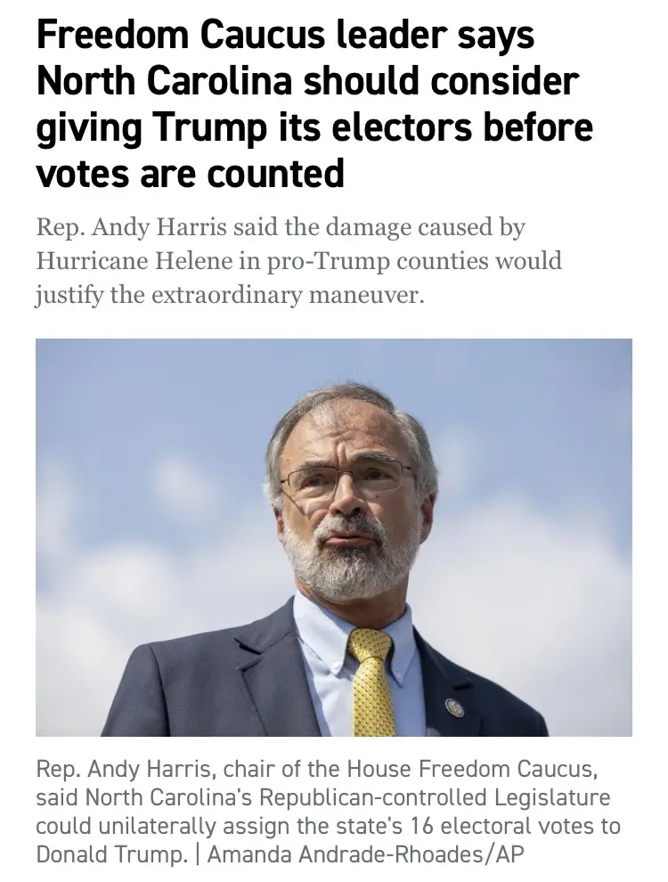 A news article screenshot shows Rep. Andy Harris, a man with glasses and a gray beard wearing a suit and yellow tie, looking…
