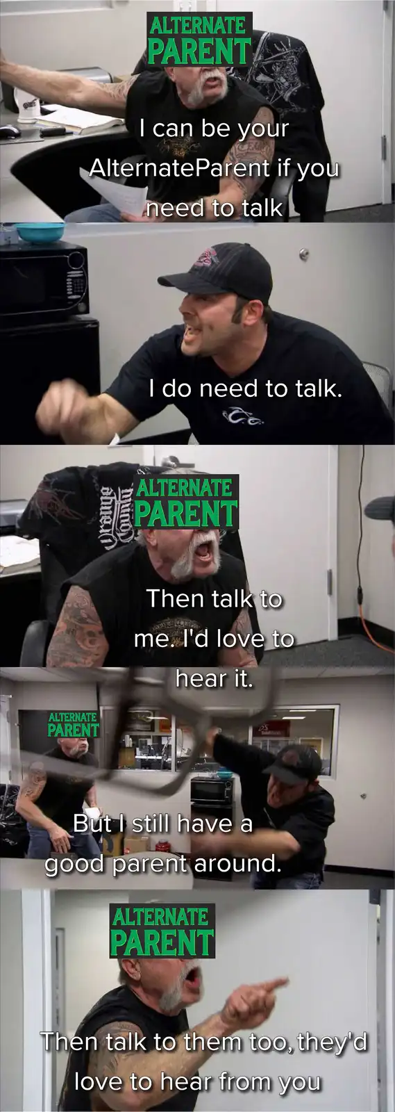 A five-panel meme featuring a man with tattoos and a goatee offering to be an 'Alternate Parent' to someone who needs to…