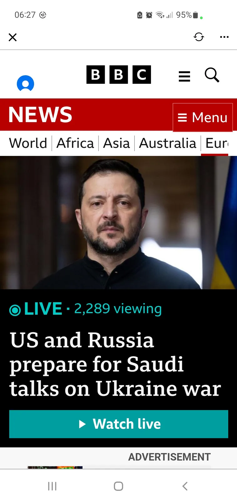 A screenshot of a BBC News mobile app page showing a live news story with a photo of Ukrainian President Volodymyr…