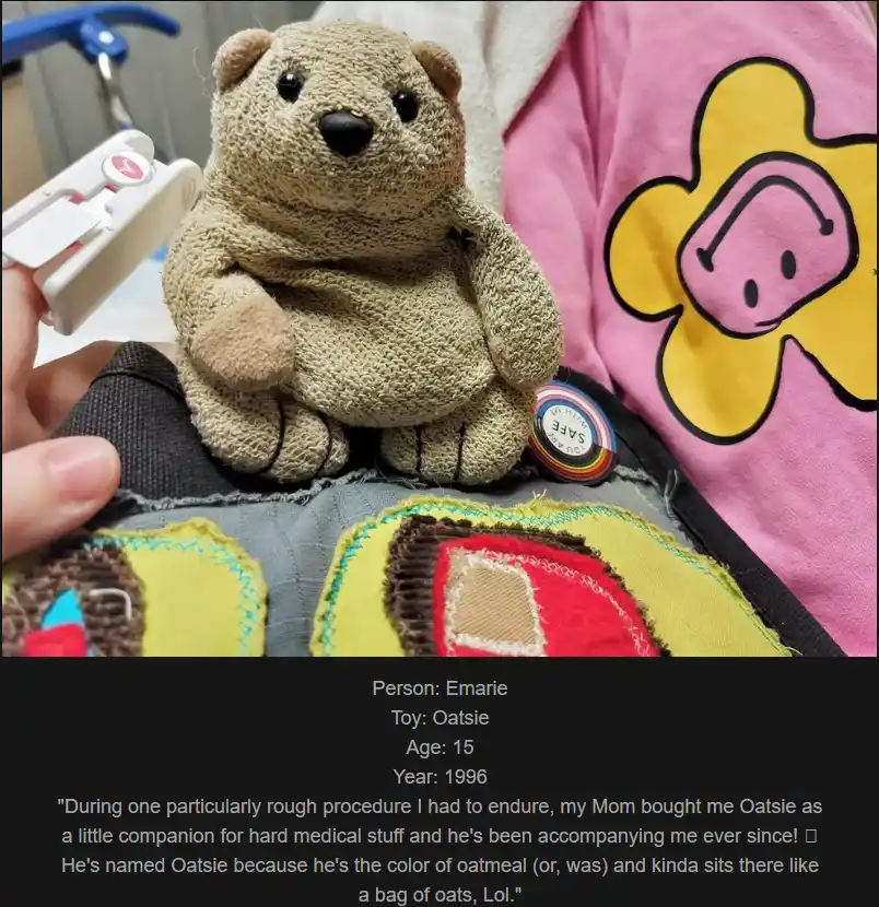 A close-up photo shows a beige knitted teddy bear named 'Oatsie' sitting on a colorful, patchwork-style garment. The bear…