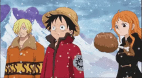 A split-screen anime meme showing Luffy and Nami in a snowy mountain scene. In the top row, Nami holds a coconut and tells…