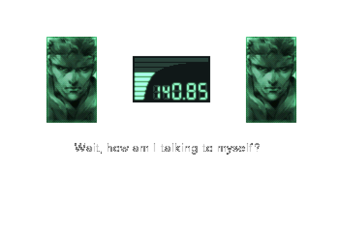 A pixelated image shows two identical green-tinted portraits of a man facing forward, flanking a digital display reading…