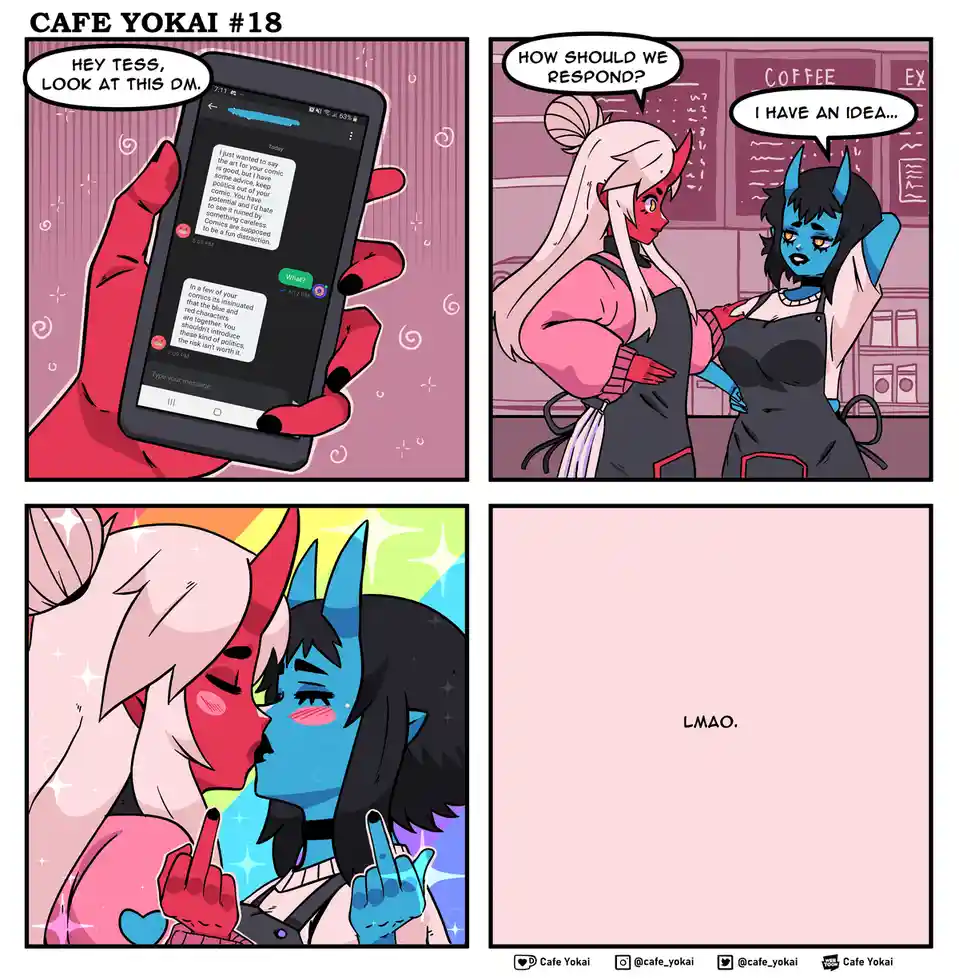 A four-panel comic strip from 'Cafe Yokai #18' shows two demon-themed characters reacting to a DM criticizing their comic…