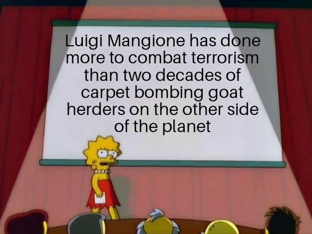 Lisa Simpson stands at a podium in front of a projector screen displaying the text 'Luigi Mangione has done more to combat…
