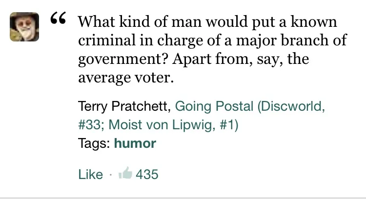 A screenshot of a social media post displaying a quote attributed to Terry Pratchett from 'Going Postal'. The quote reads…