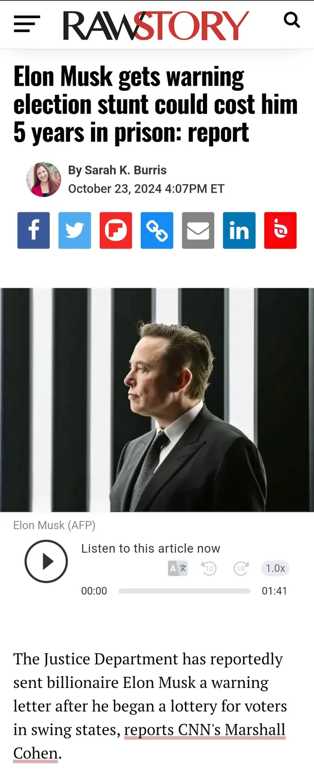 A screenshot of a RawStory news article shows a photo of Elon Musk in a suit looking sideways, framed by prison bars. The…