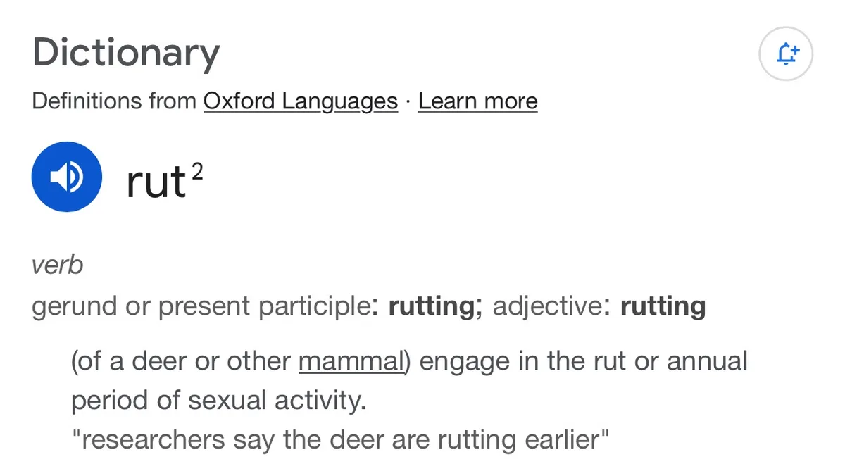 The image displays a dictionary entry for the word 'rut²' from Oxford Languages, defining it as a verb meaning 'engage in…