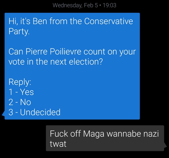 A screenshot of a text message conversation shows a blue message bubble from 'Ben from the Conservative Party' asking if…