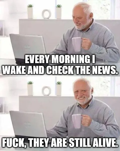 The image is a two-panel meme featuring an older man with white hair and a beard, wearing a gray button-down shirt, sitting…