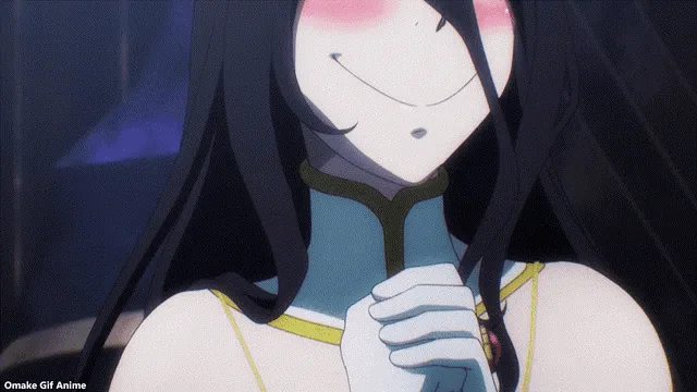 A six-panel anime still sequence shows a character with black hair, white horns, and a red ring, transitioning from a subtle…