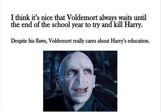 The image shows a close-up of the character Voldemort with a wide-eyed, slightly manic expression. Overlaid text reads: 'I…