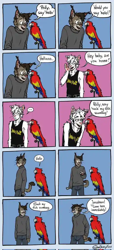 A comic strip shows a cat-like person training a red parrot named Polly to say 'hello'. When another cat-like person visits…