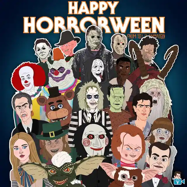 A colorful cartoon-style collage features dozens of iconic horror movie characters like Michael Myers, Jason Voorhees…
