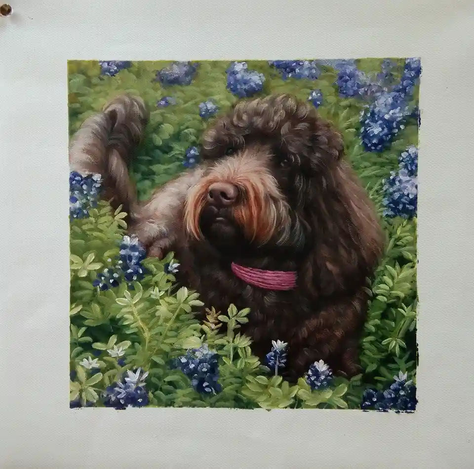 A painting of a brown, curly-haired dog with a pink collar sitting among green foliage and bluebonnet flowers, with the text…