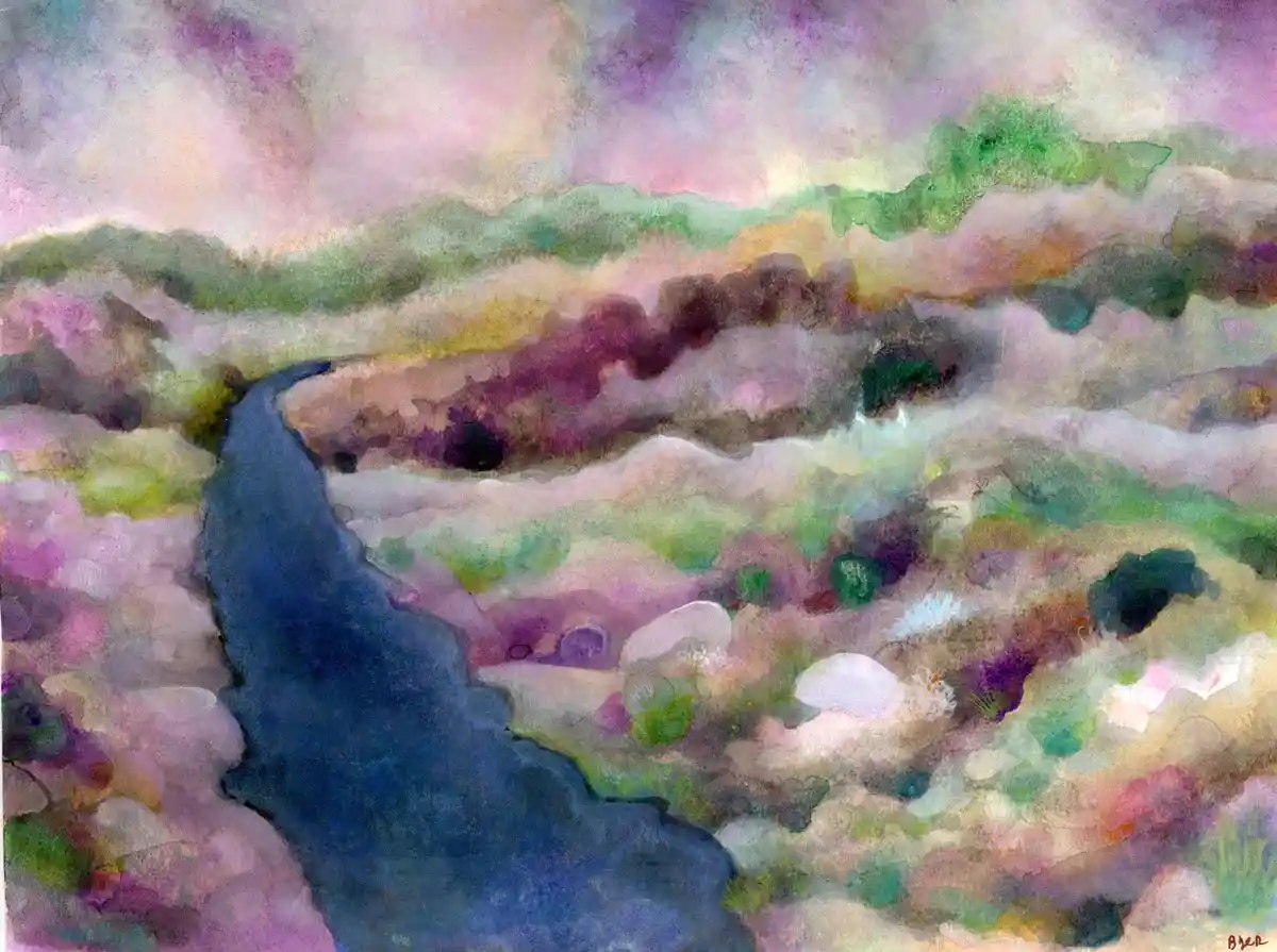 A watercolor painting depicts a winding blue river flowing through a hazy, colorful landscape of purples, greens, and pinks…