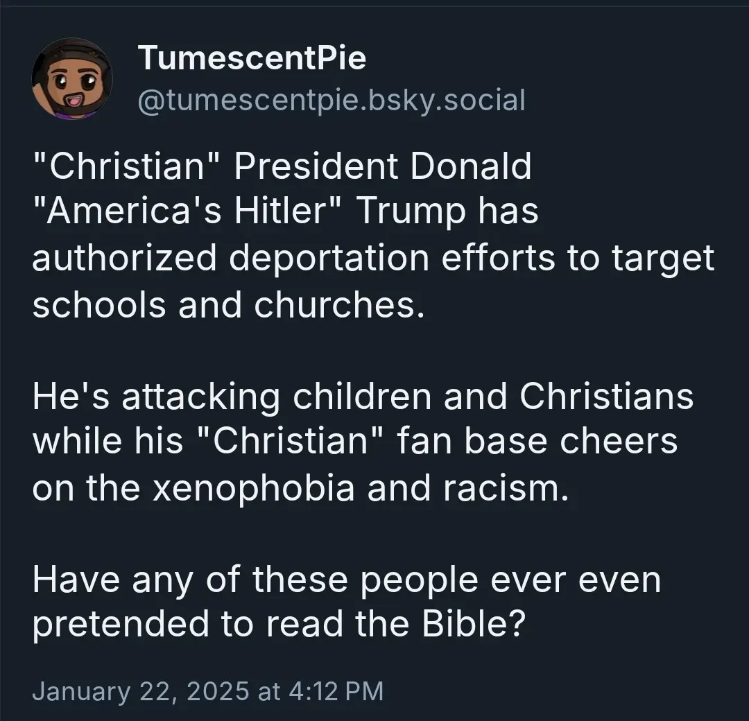 A screenshot of a social media post by 'TumescentPie' on a dark background, featuring white text that accuses Donald Trump…