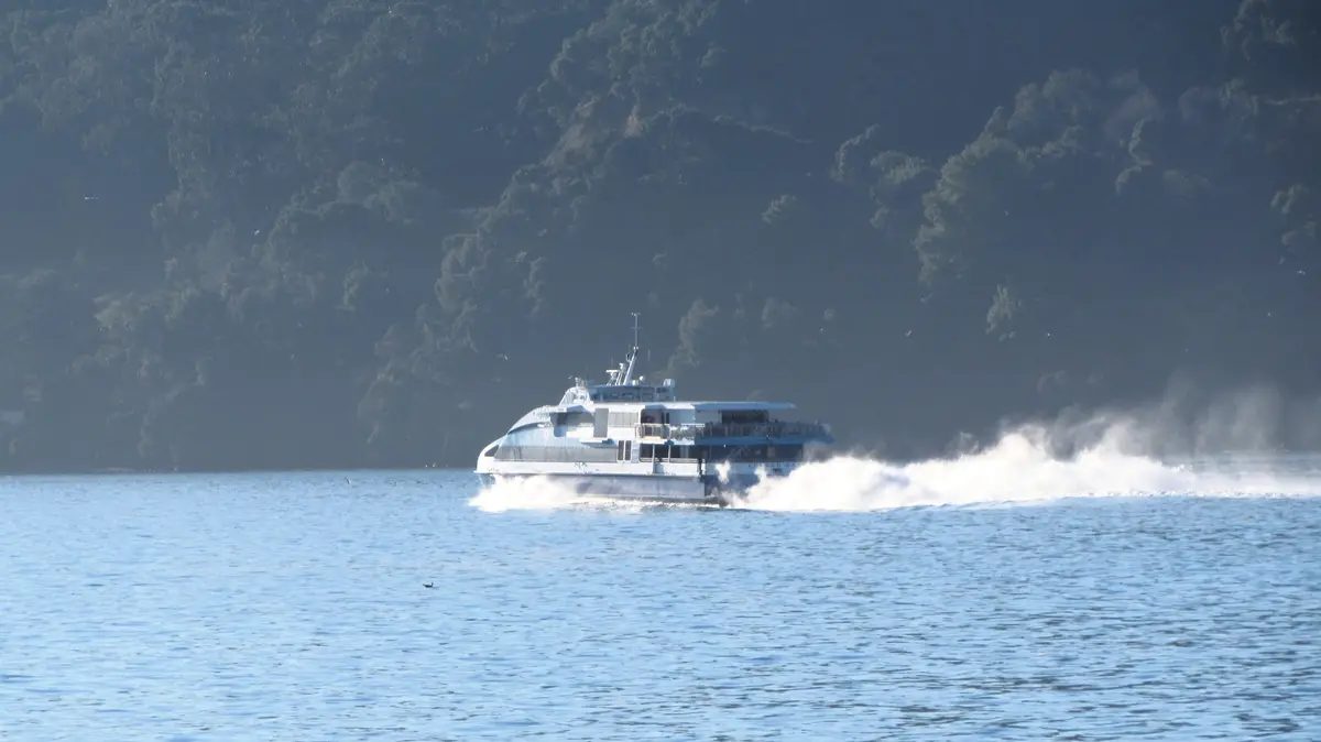 A modern, white and blue passenger ferry or catamaran is speeding across a calm blue body of water, leaving a large white…