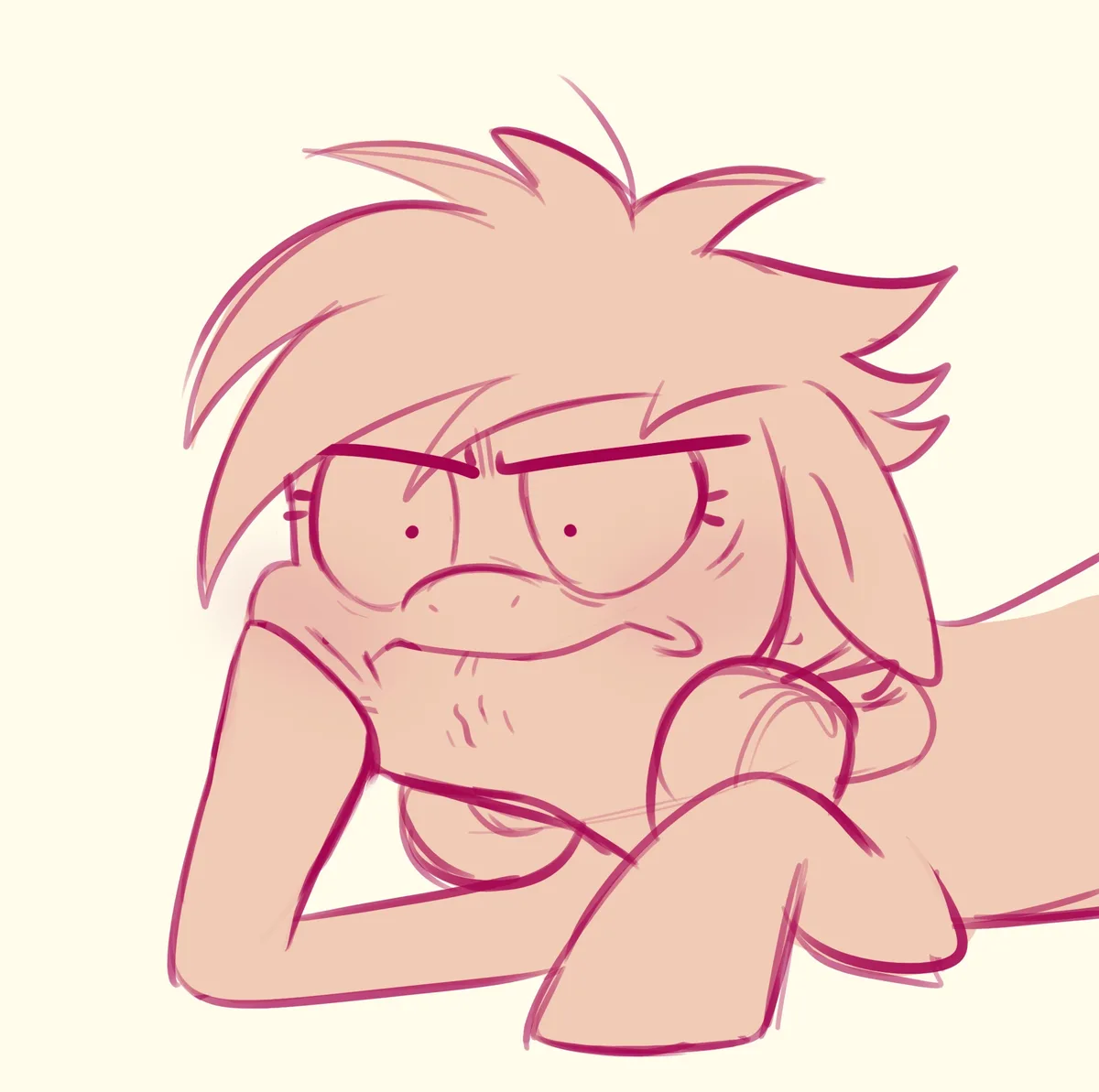 A cartoon drawing of a pink-haired character with glasses, lying down with arms under their head, looking intensely annoyed…