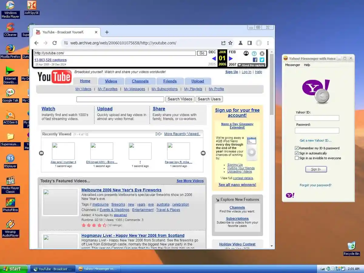 A screenshot of a Windows desktop from 2006 showing a web archive capture of YouTube's homepage from January 1, 2006, with a…