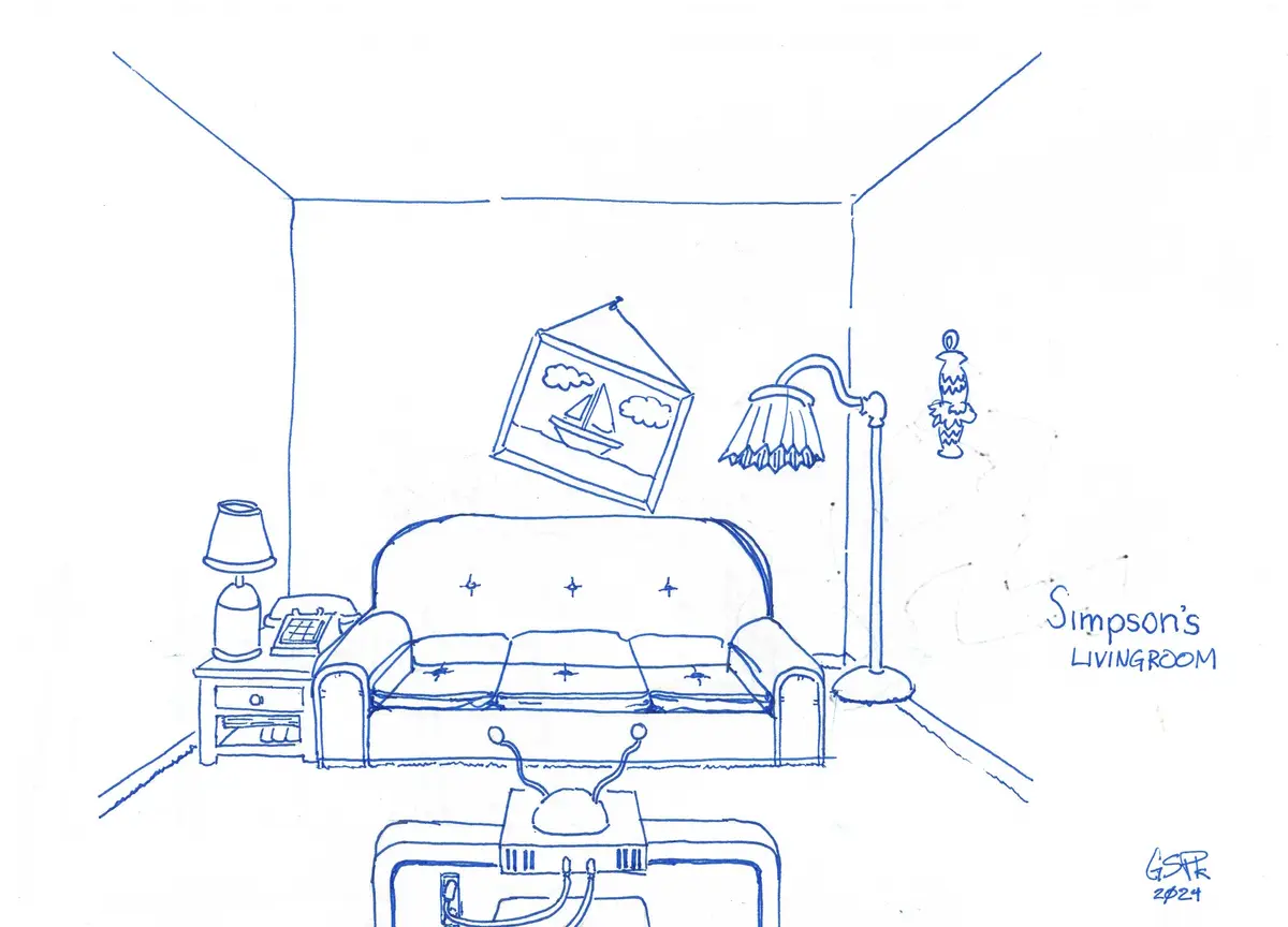 A blue ink sketch of a living room labeled 'Simpson's LIVINGROOM' shows a couch, a TV with two antennas, a side table with a…