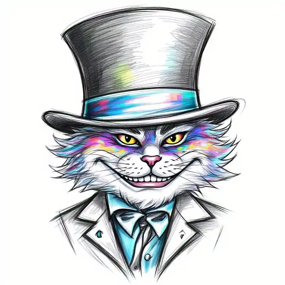 A stylized illustration of a cat wearing a tall top hat with a rainbow-colored band, a formal suit with a bow tie, and a…