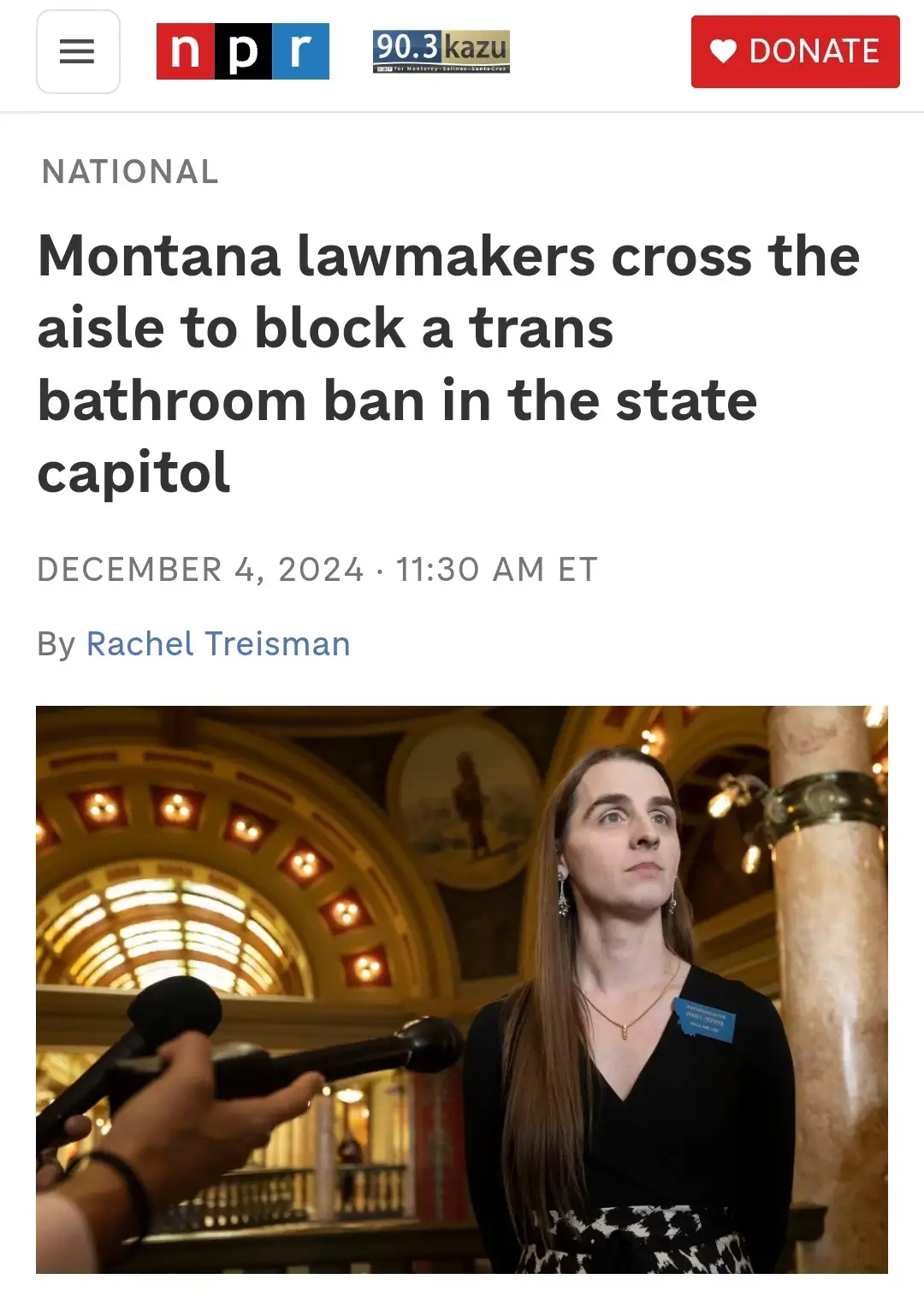 An NPR news article screenshot from December 4, 2024, shows a woman in a black top and patterned skirt being interviewed in…