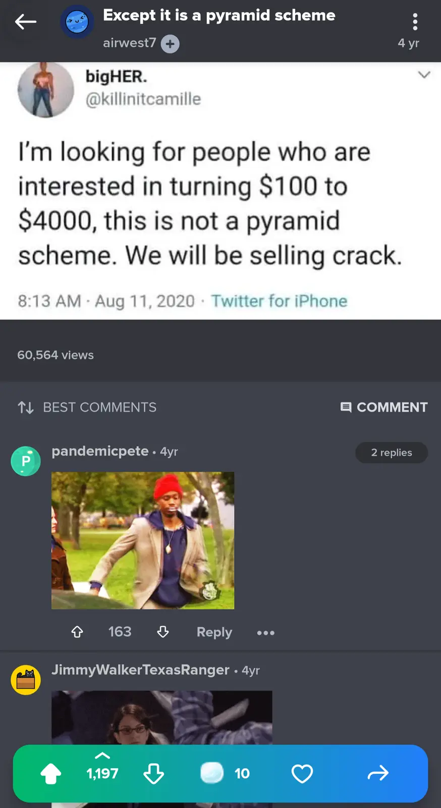 A screenshot of a Twitter post by @killinitcamille claiming a money-making opportunity isn't a pyramid scheme because…