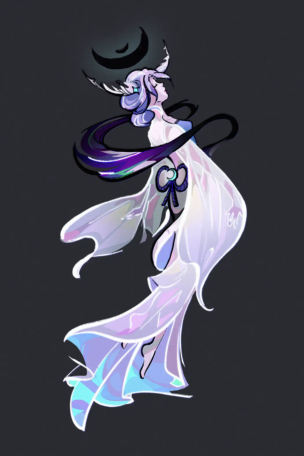 An anime-style illustration of a female character with pale skin, light purple hair, and a flowing white and purple gown…
