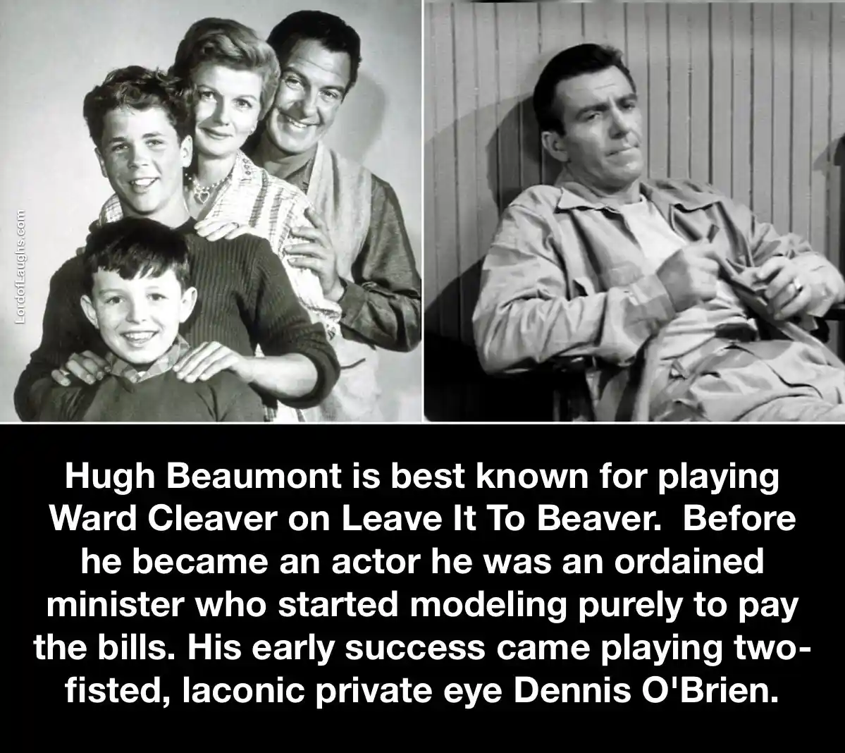 The image is split into two black-and-white photos. The left shows a smiling family of four from the TV show 'Leave It to…