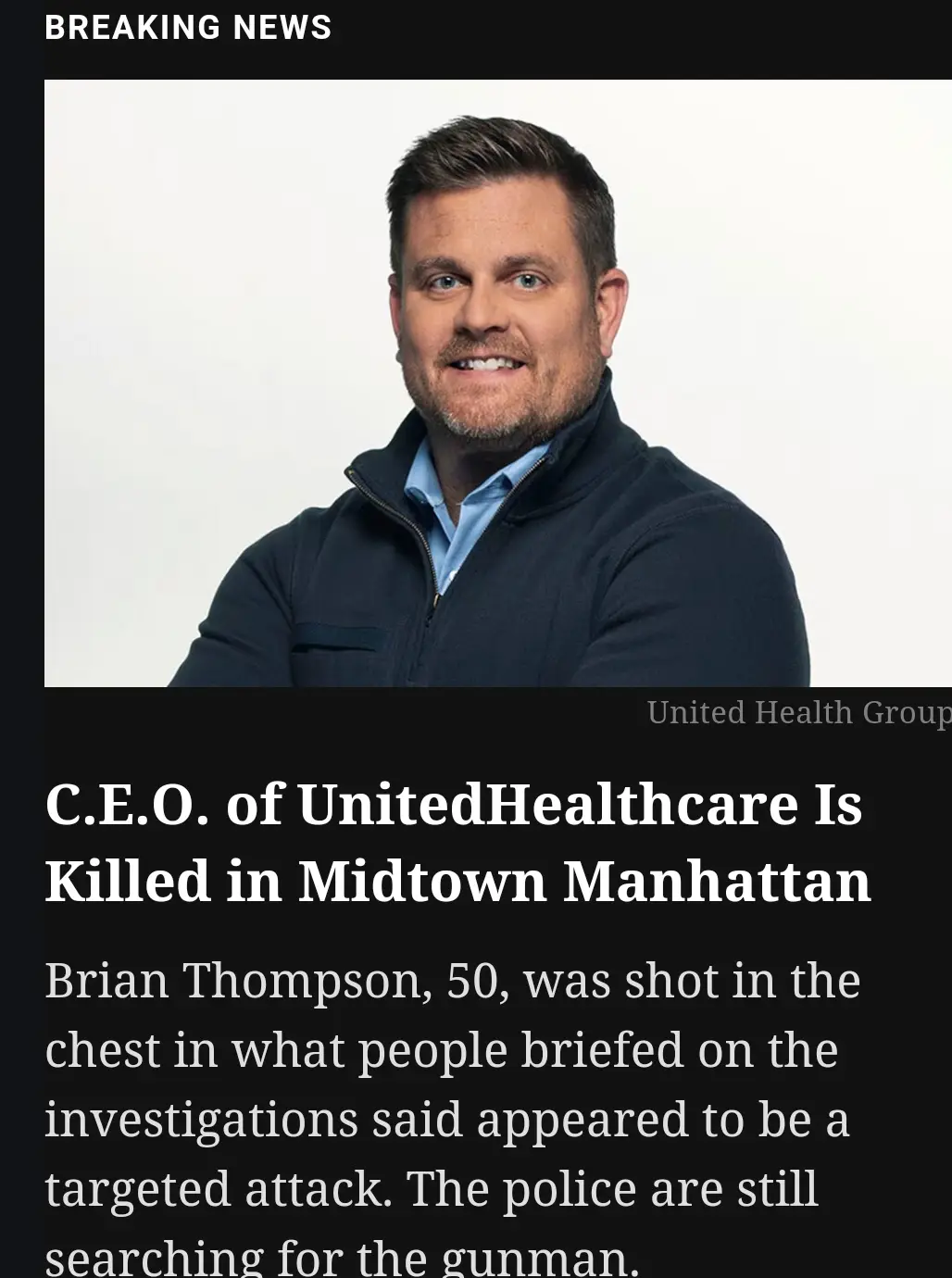 A stock photo of Brian Thompson, CEO of UnitedHealthcare, is overlaid with a fake breaking news headline claiming he was…