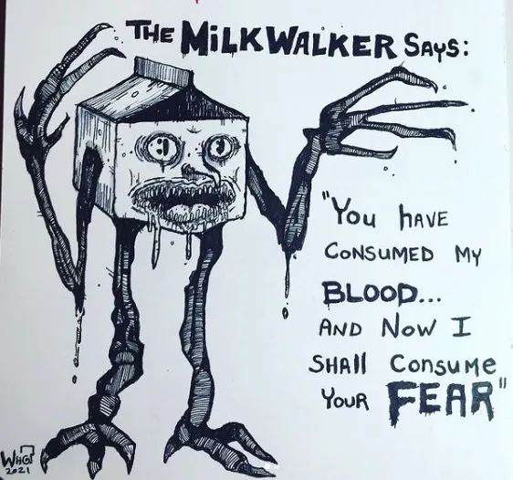 A black-and-white ink drawing depicts a monstrous, humanoid creature with a milk carton for a head, wide eyes, a dripping…