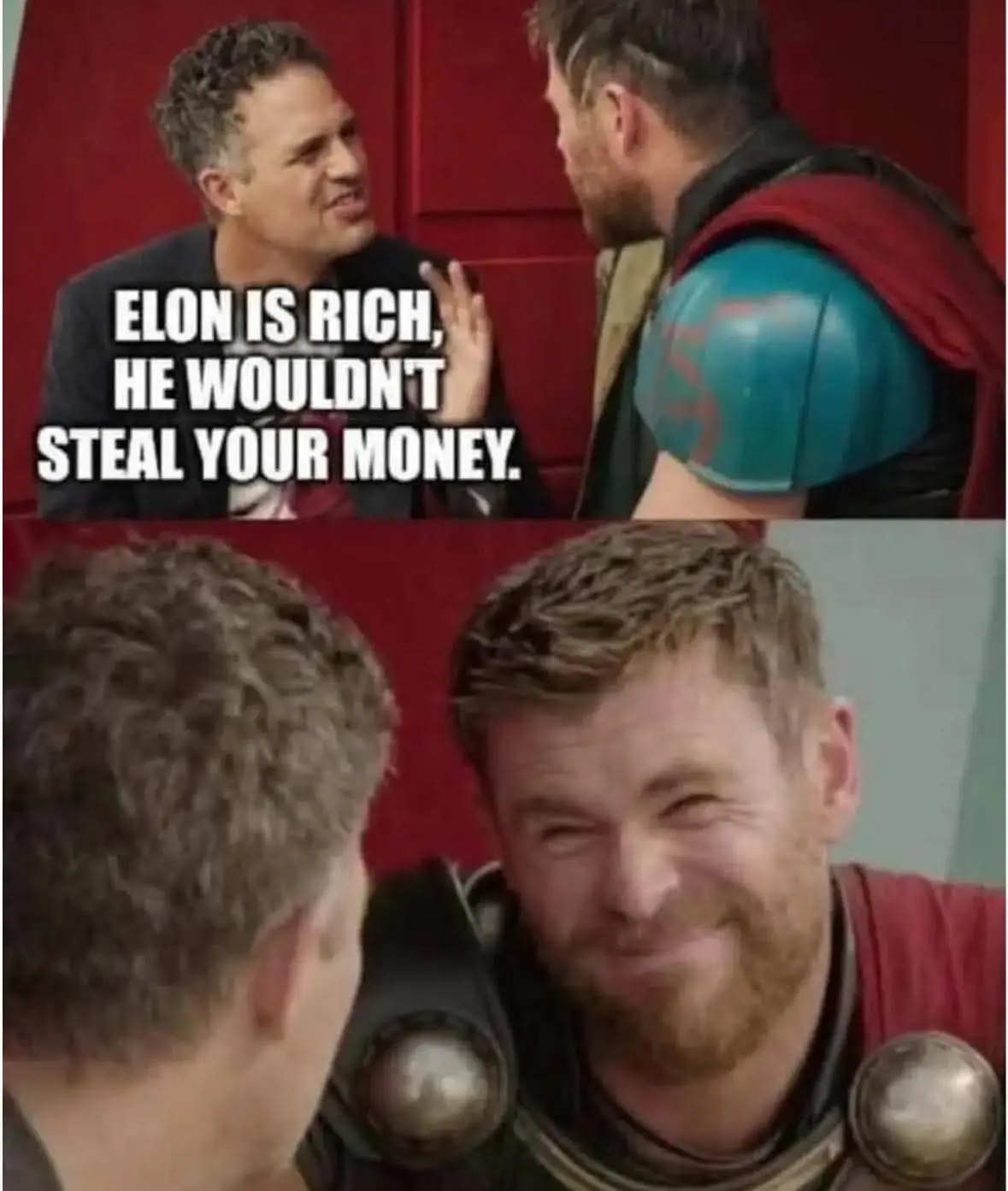 The image is a two-panel meme featuring actor Mark Ruffalo and actor Chris Hemsworth as Thor. In the top panel, Ruffalo…