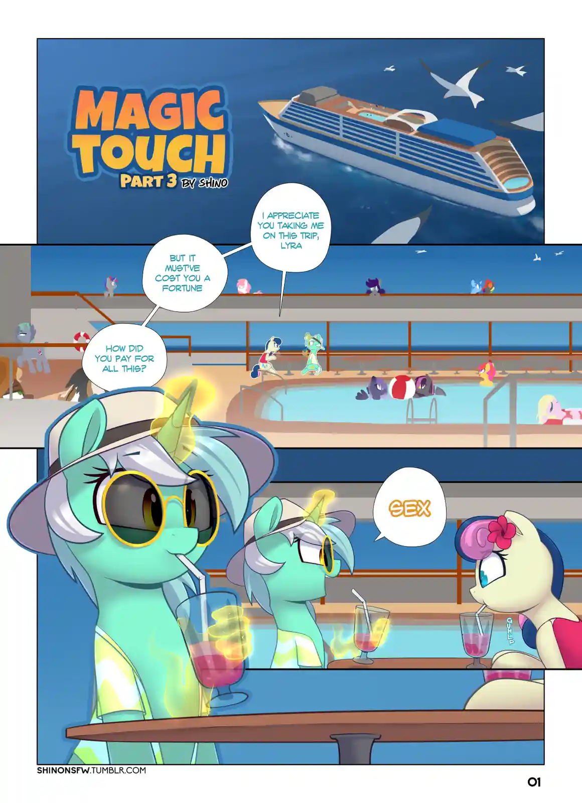 A three-panel comic strip from 'Magic Touch Part 3' by Shino, featuring anthropomorphic ponies on a cruise ship. In the…