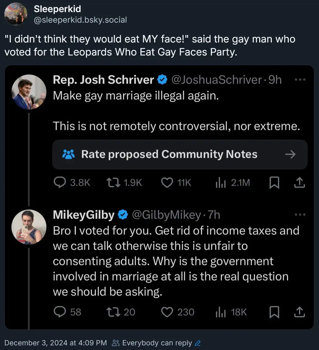 A screenshot of a Twitter thread shows Rep. Josh Schriver proposing to make gay marriage illegal again, with a comment from…