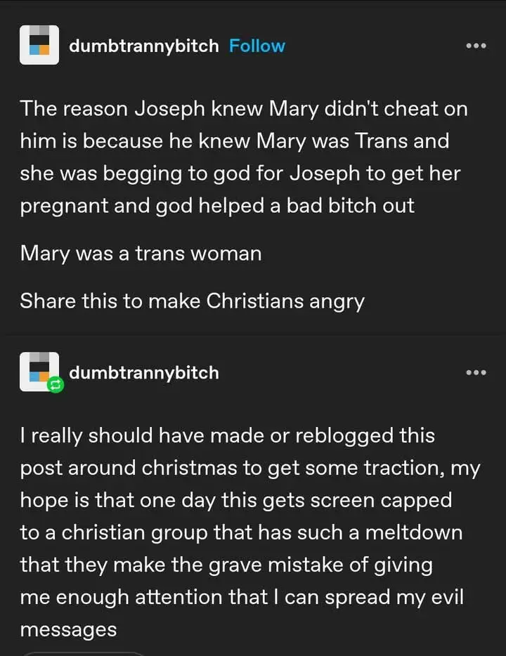A screenshot of two social media posts from the account 'dumbtrannybitch'. The first post claims Joseph knew Mary didn't…