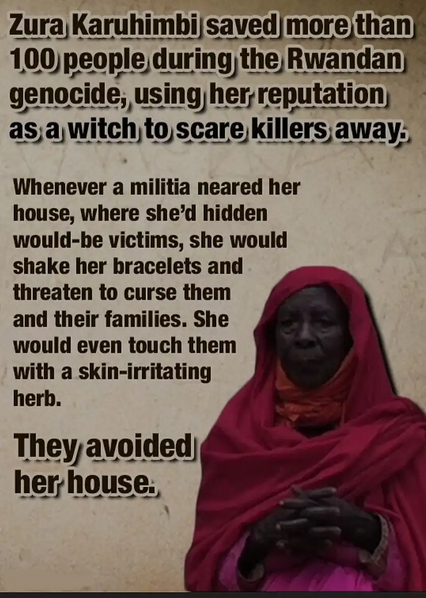 A photograph of an elderly Black woman wearing a red headscarf and pink clothing, with her hands clasped. Overlaid text…