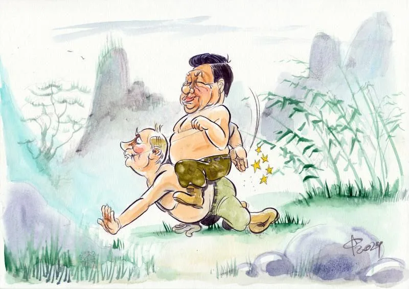 a cartoon depicts a large, smiling man in green pants riding piggyback on a smaller, strained-looking man in a grassy…