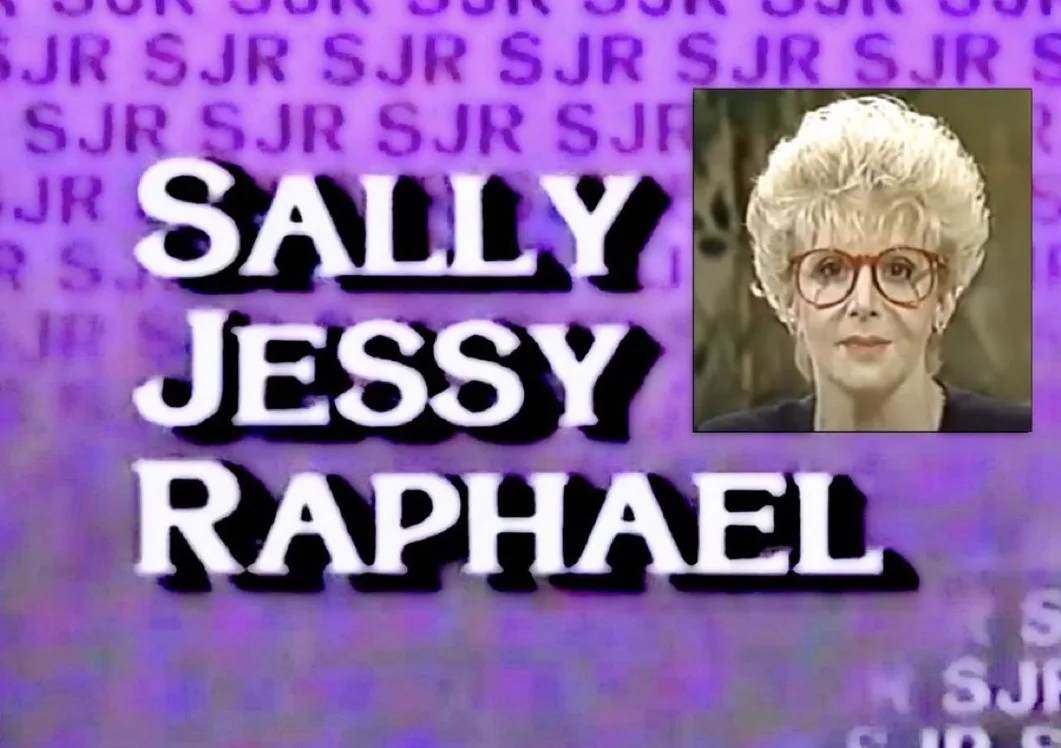 The image displays the iconic purple title card from the Sally Jessy Raphael show, featuring the show's name in large white…