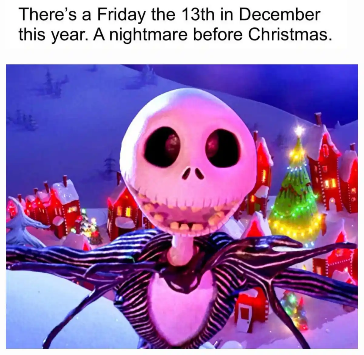 The image features Jack Skellington from 'The Nightmare Before Christmas' standing in a snowy, festive village with red…