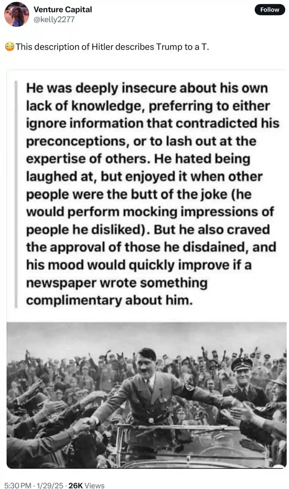 A black-and-white photo shows Adolf Hitler in a car, waving and shaking hands with a crowd. Overlaid text describes his…