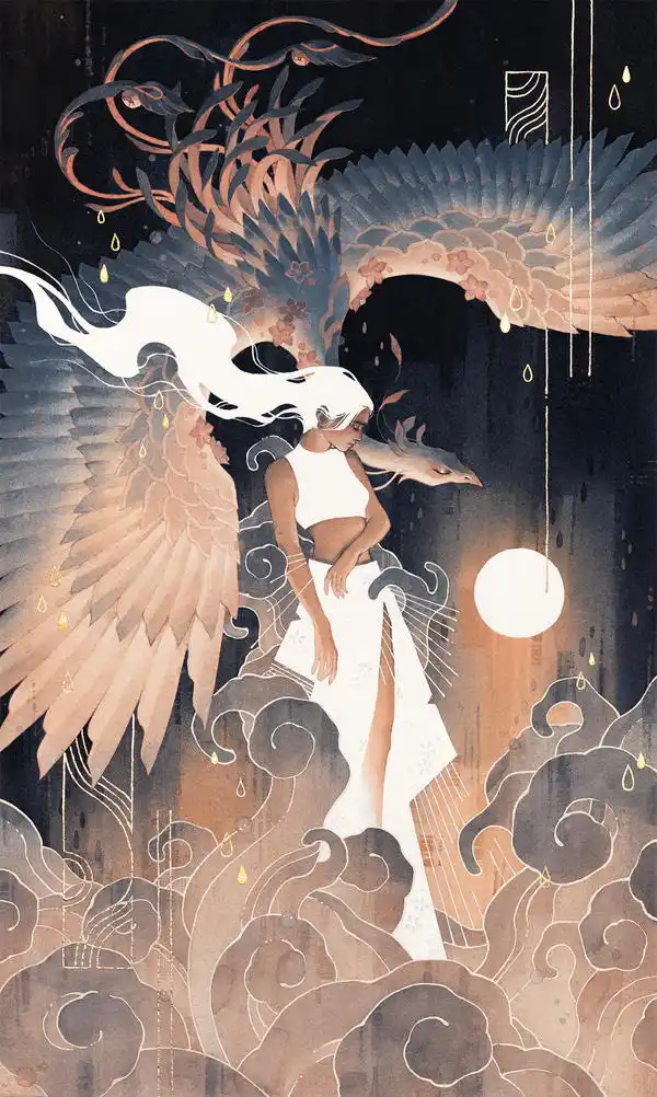 A stylized illustration depicts a woman with large, ornate wings and flowing white hair, standing amidst swirling clouds and…