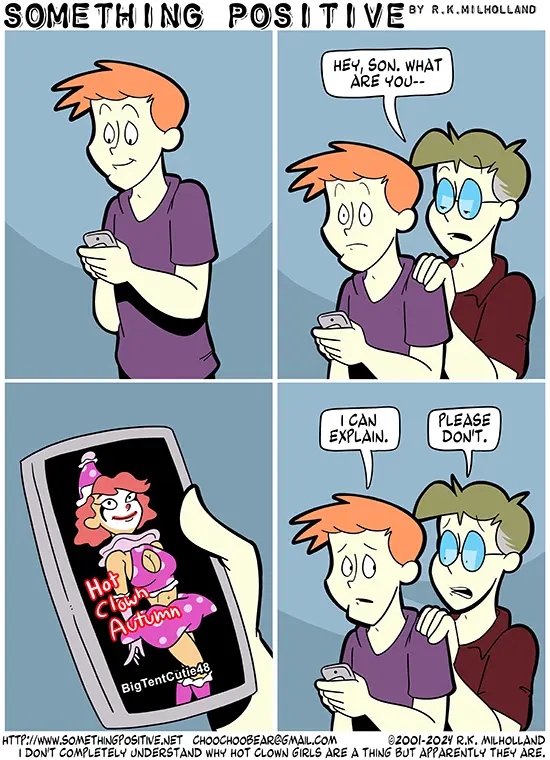 A four-panel comic strip shows a person looking at their phone, then being confronted by a friend. The friend asks what…