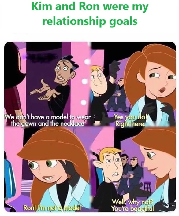 A four-panel comic strip from 'Kim Possible' shows Ron and Kim in a fashion show setting. Ron is initially hesitant to model…