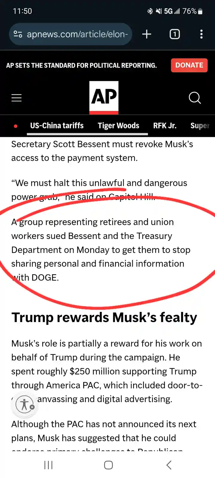 A screenshot of an AP News article about Elon Musk and Scott Bessent, with a red circle highlighting a sentence that reads…