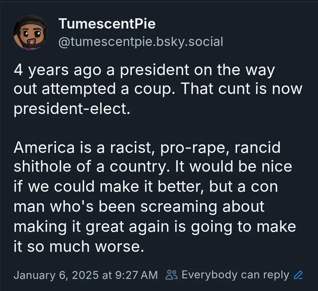 A screenshot of a social media post by 'TumescentPie' on a dark-themed platform, featuring white text that reads: '4 years…