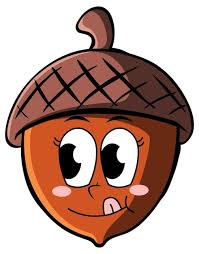A cartoon acorn with large, expressive eyes, rosy cheeks, and a slightly smug or cheeky smile. The acorn has a brown cap…