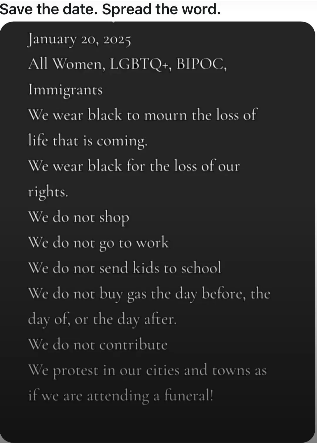 A black-background image displays white text mimicking a funeral notice, announcing a 'mourning' event for January 20, 2025…