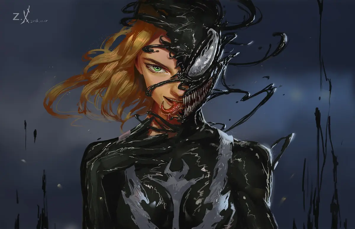A digital painting shows a woman with blonde hair and green eyes, half of her face covered by a black, symbiote-like…