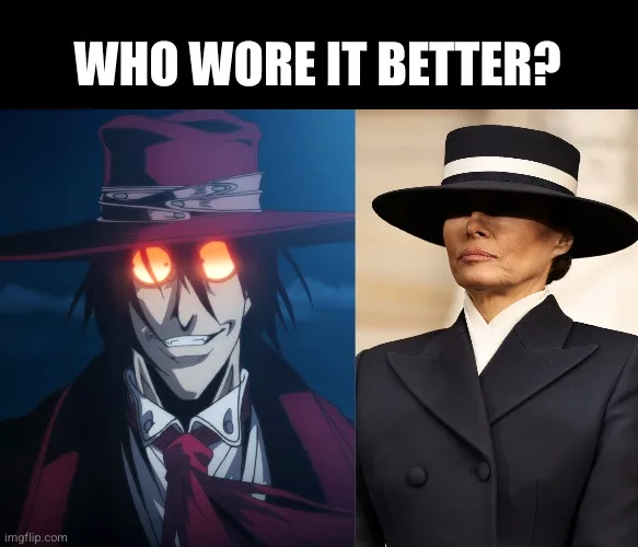 The image is split into two halves. Left: an anime character with glowing orange eyes, wearing a wide-brimmed purple hat, a…
