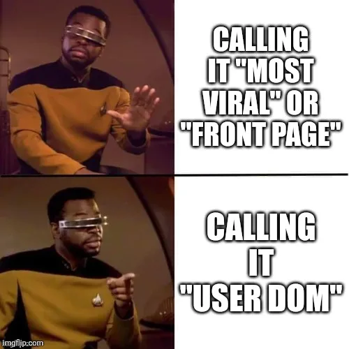 The image is a two-panel meme featuring the same Black man in a Starfleet uniform from Star Trek: The Next Generation. In…